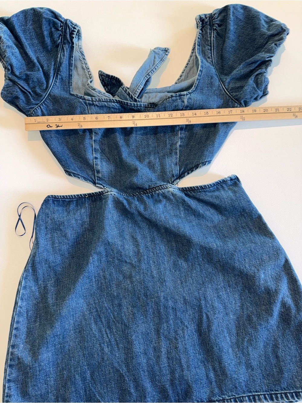 Show Me Your Mumu Denim Cutout Mini Dress Puff Sleeve Tie Back  XL - Picture 5 of 6